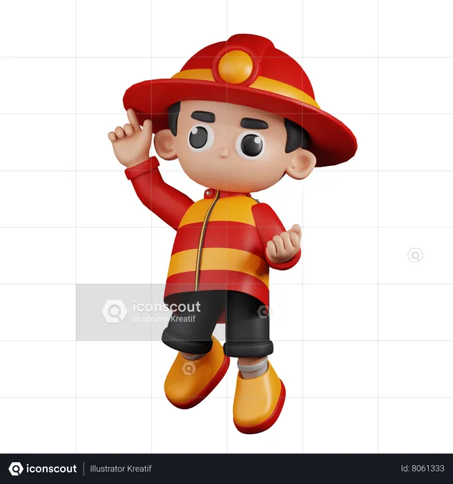 Happy  Fireman in Jumping Pose  3D Illustration