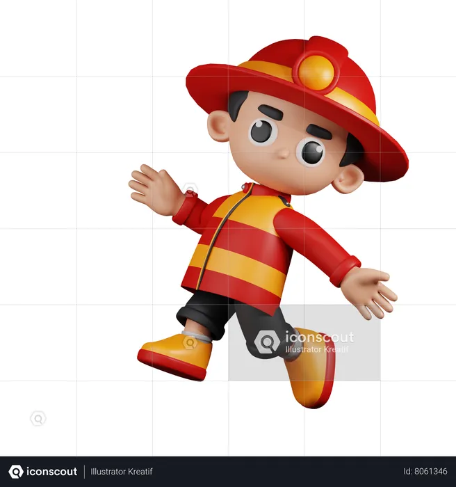Happy  Fireman Jumping  3D Illustration