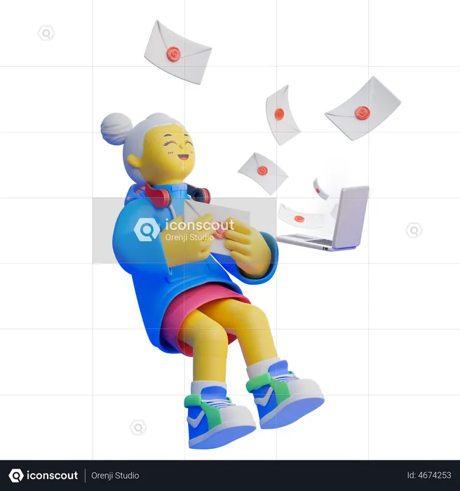 Happy Girl Getting Email  3D Illustration