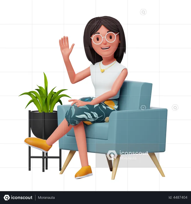 Happy Girl waiving hand while sitting on sofa  3D Illustration