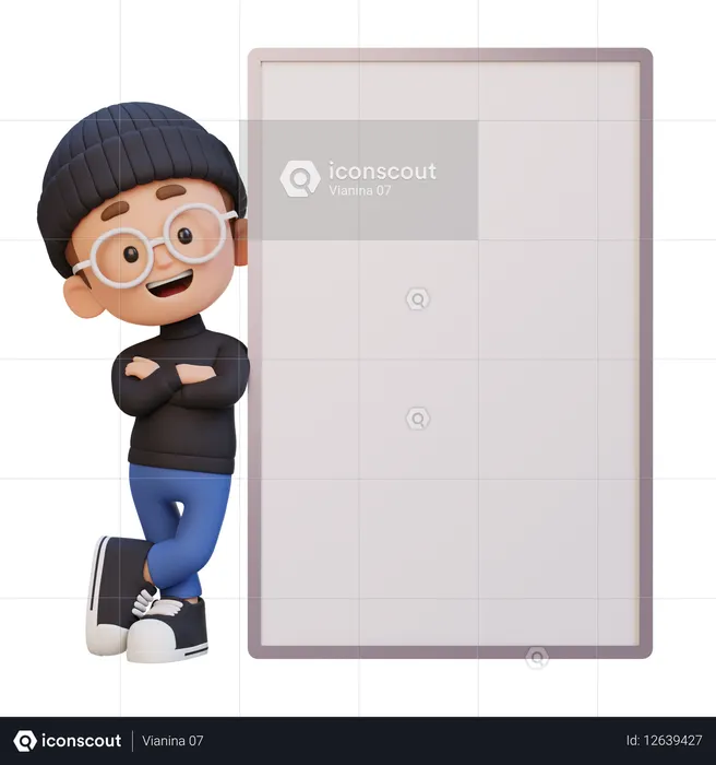 Happy Kid Standing With Blank Placard  3D Icon