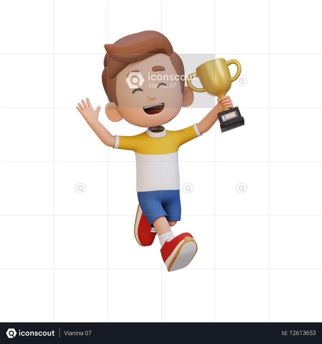 Happy Kid Waving Hand And Holding Trophy  3D Icon