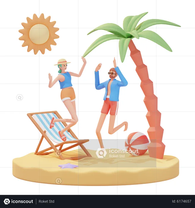 Happy Man and Woman enjoying summer vacation at beach  3D Illustration