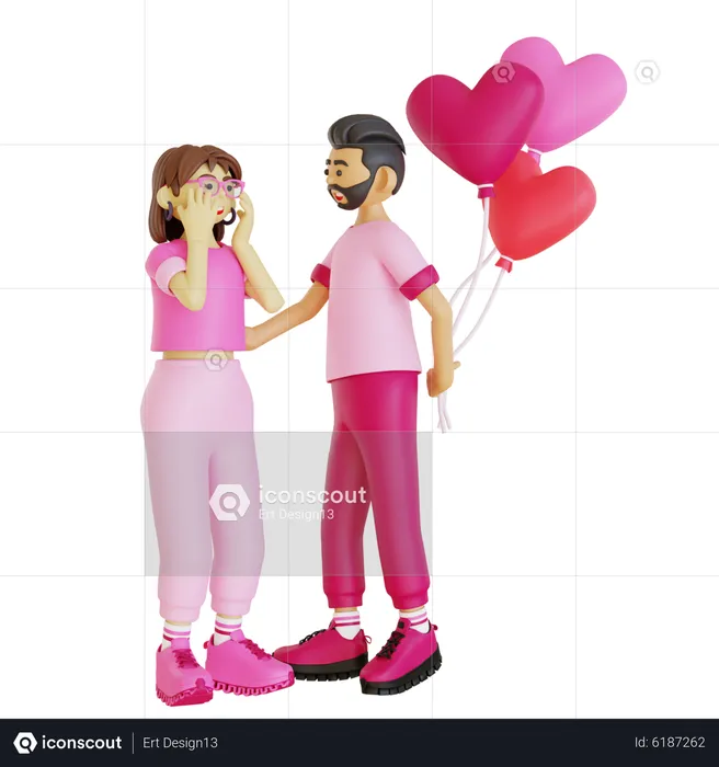 Happy man giving valentine surprise to girl  3D Illustration