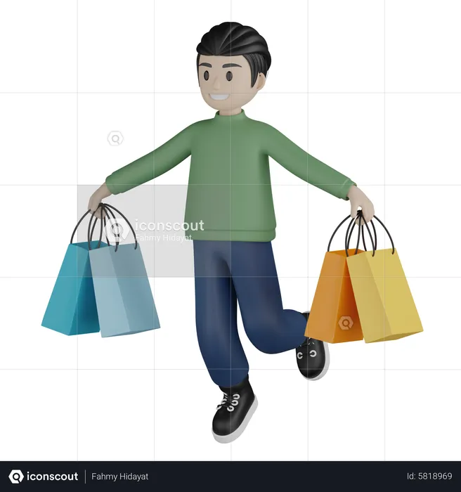 Happy man running with shopping bags  3D Illustration