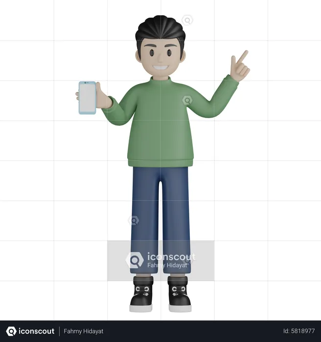 Happy man showing mobile and pointing up  3D Illustration