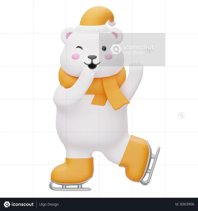 Happy Polar Bear Wearing Winter Roller Skates  3D Illustration