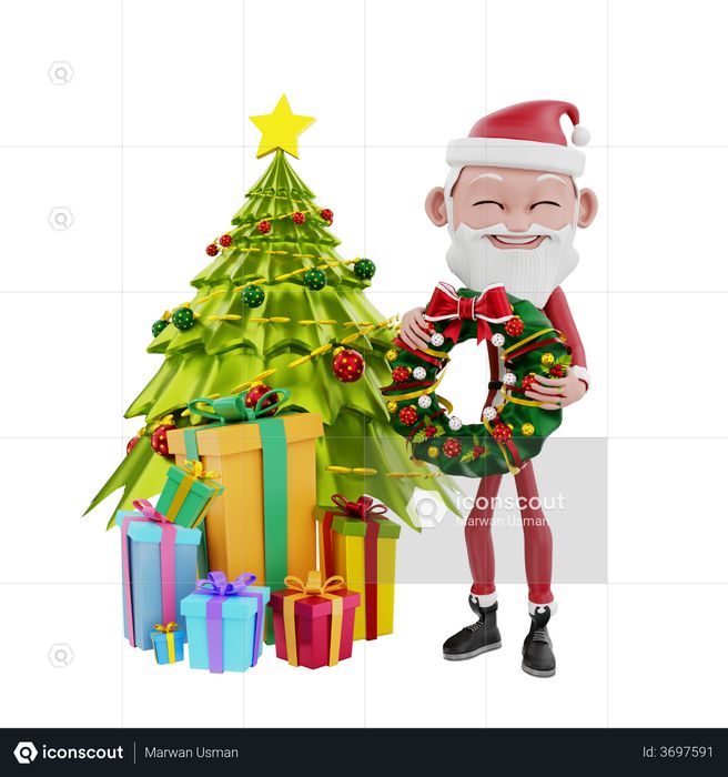 Happy santa claus holding wreath with gift 3D Illustration
