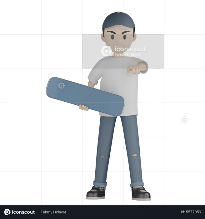 Happy Skater Showing Something While Holding Skateboard  3D Illustration