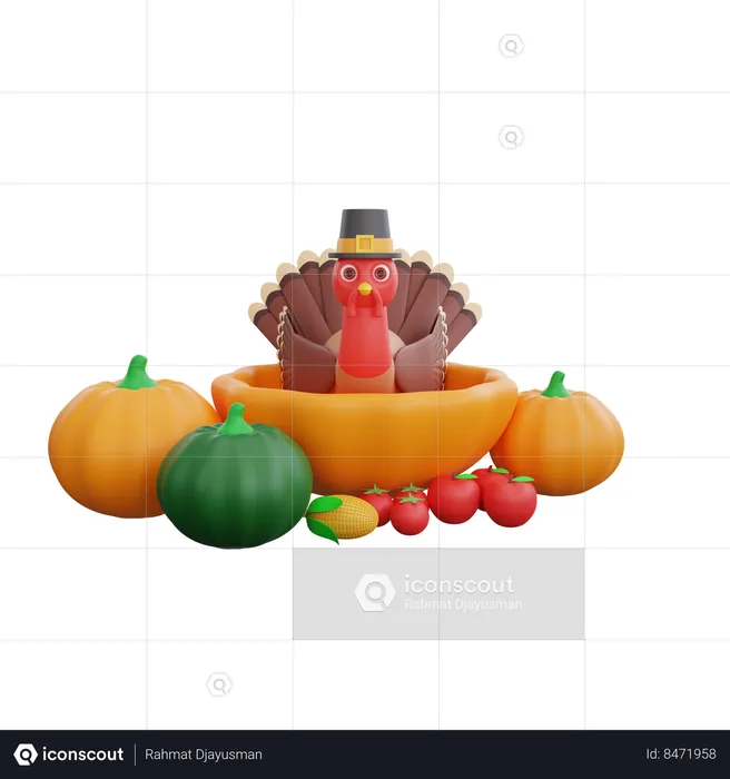 Happy Turkey Bird With Pupkins  3D Icon