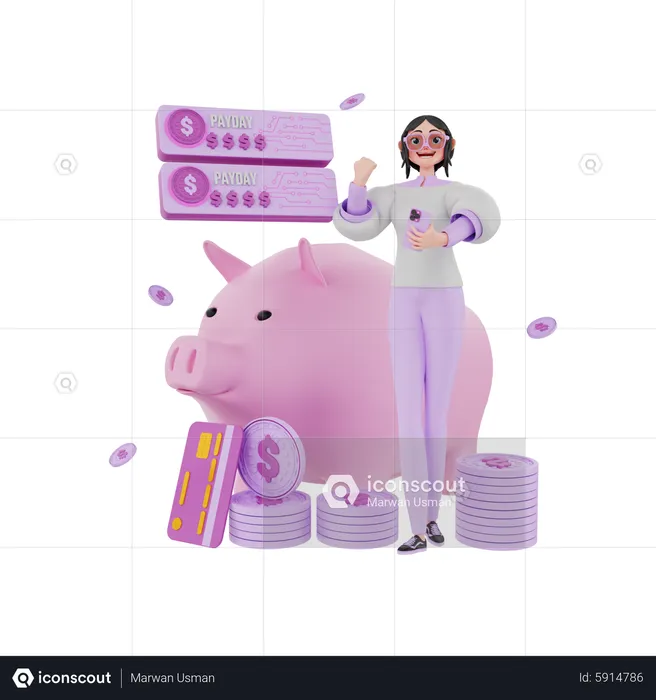 Happy woman transfer money for piggy savings  3D Illustration