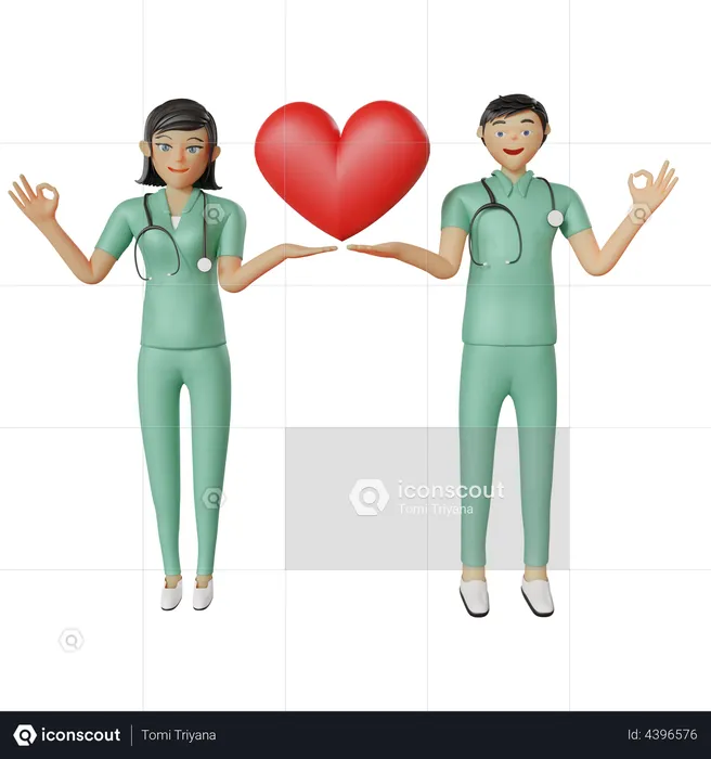 Health care nurse team holding heart  3D Illustration