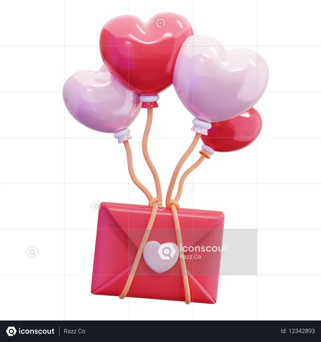 Heart Balloon with Love Letter  3D Icon