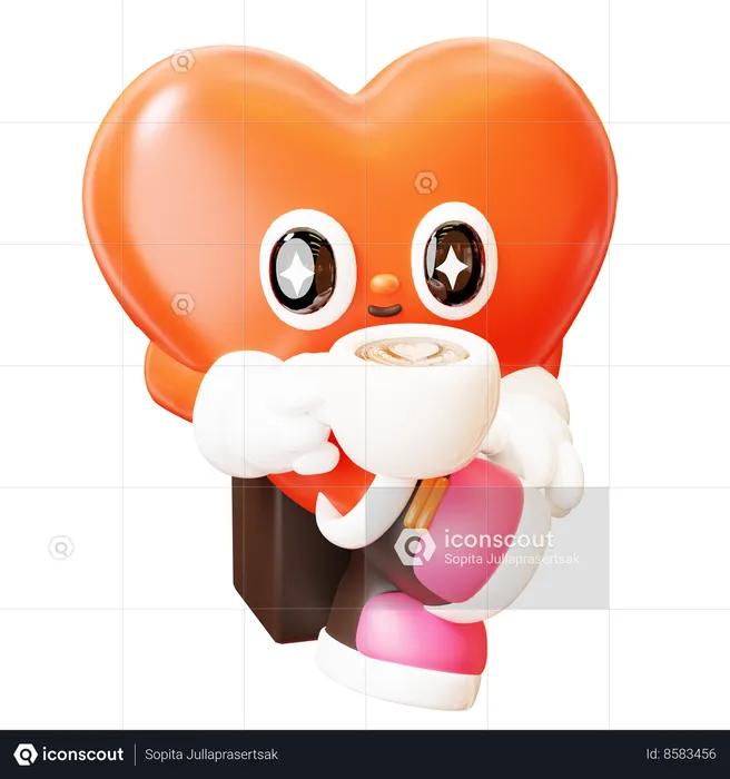 Heart Character Drinking Coffee  3D Illustration