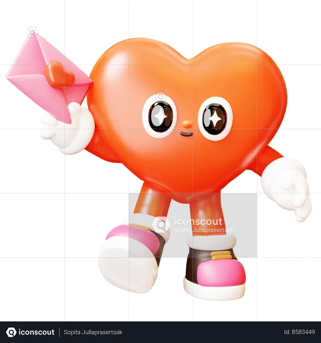 Heart Character Hold Love Envolope  3D Illustration