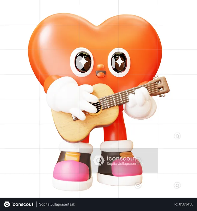 Heart Character Playing Guitar  3D Illustration
