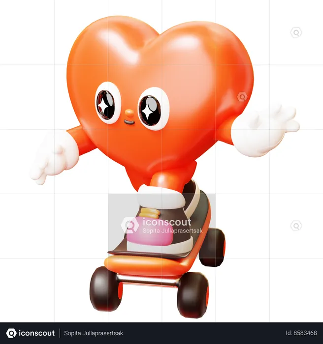 Heart Character With Skateboard  3D Illustration