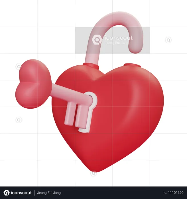 Heart Shaped Lock Opened With Key  3D Icon