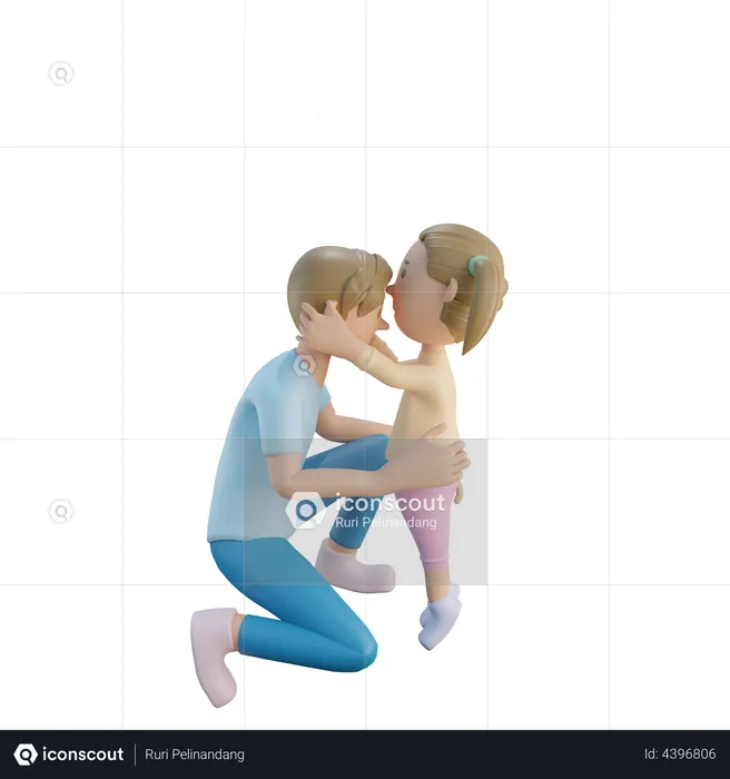 Hija besando a padre en la frente  3D Illustration