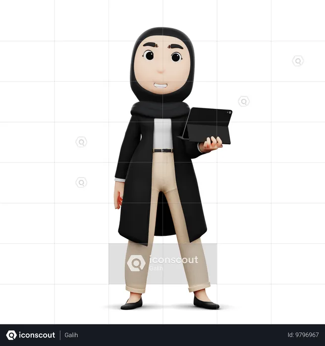 Femme Hijab Tenant Un Ipad  3D Illustration