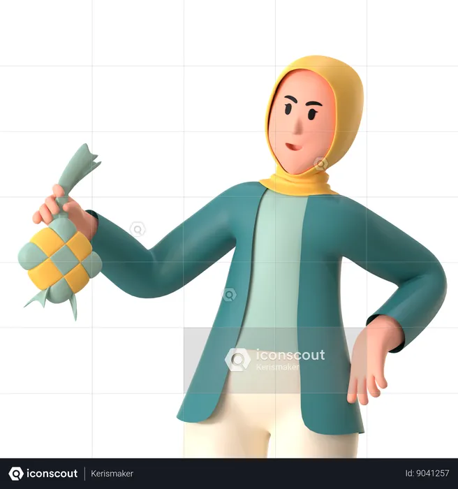 Fille Hijab Tenant Ketupat  3D Illustration