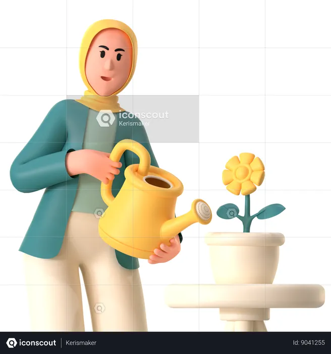 Hijab menina regando vaso de flores  3D Illustration