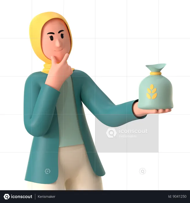Hijab Girl Thinking About Zakat Fitrah  3D Illustration