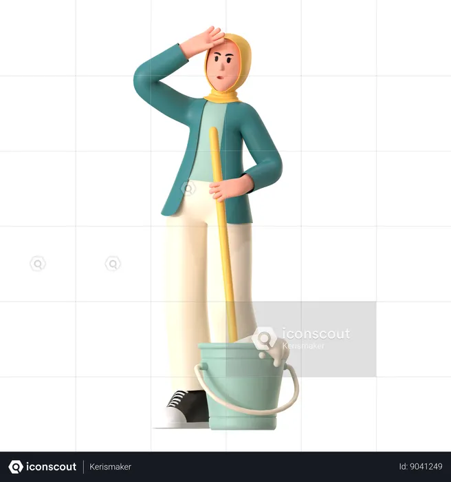 Hijab Girl With Cleaning Tools  3D Illustration