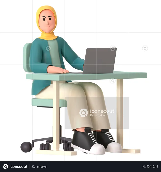 Hijab Girl Trabalhando Laptop  3D Illustration