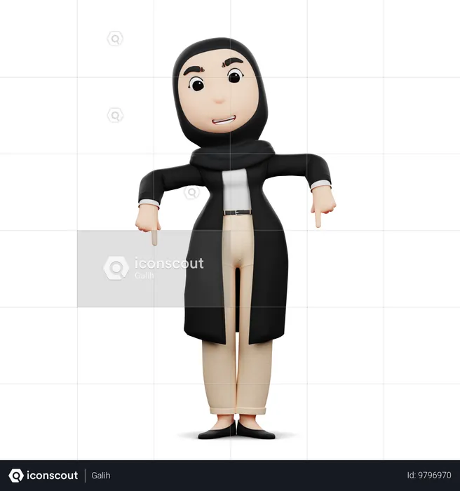 Hijab-Mädchen zeigt Geste nach unten  3D Illustration