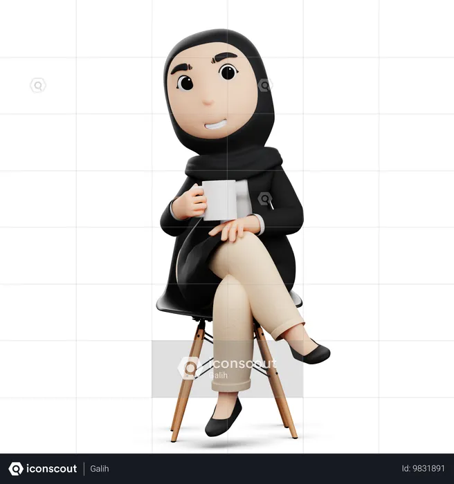 Mujer Hijab tomando un descanso para tomar café  3D Illustration