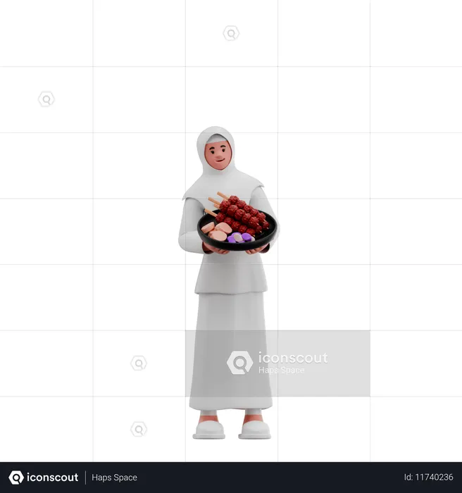 Hijab Woman Share Satay  3D Illustration
