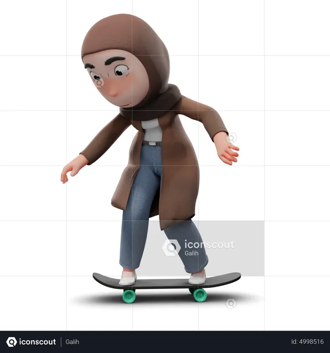 Hijabs Woman Doing Skating  3D Illustration