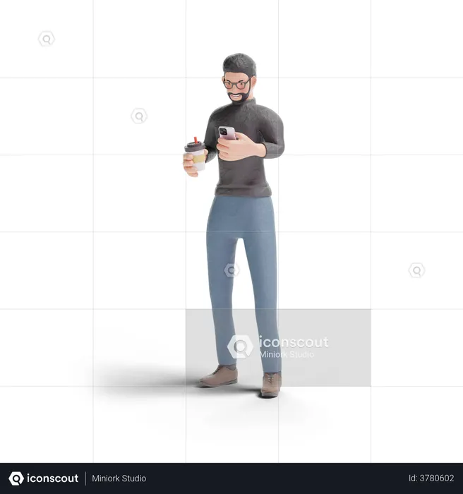 Hipster man holding coffee with phone  3D Illustration