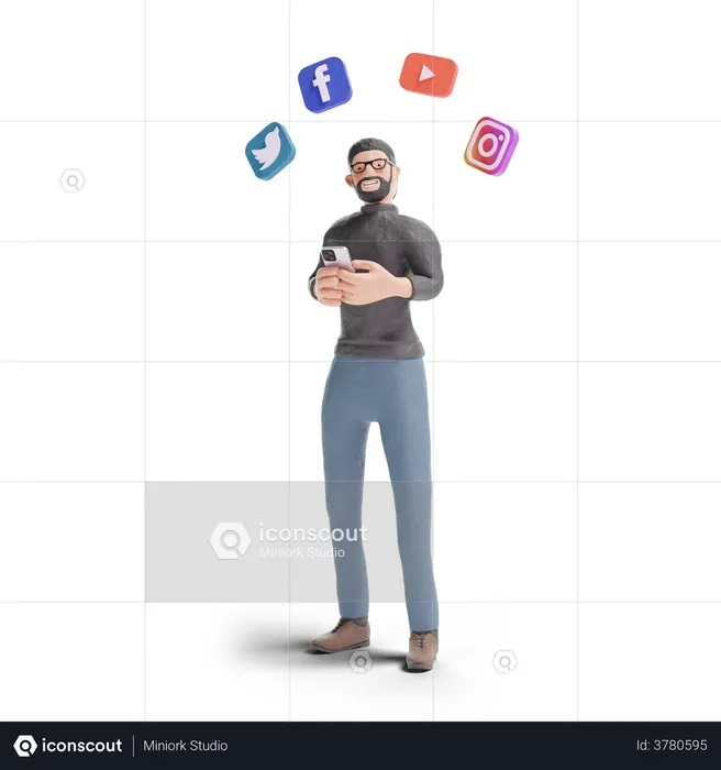 Hipster man using social media apps in smartphone  3D Illustration