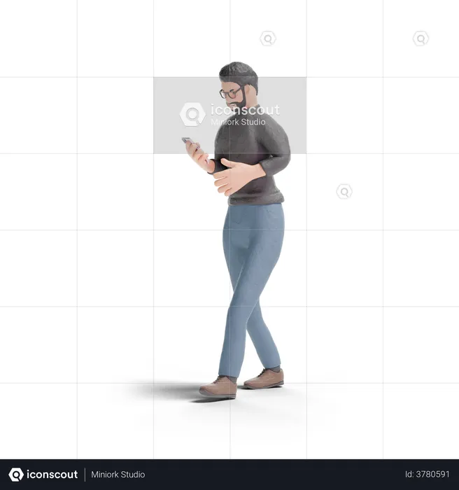 Hipster man walking with using phone  3D Illustration