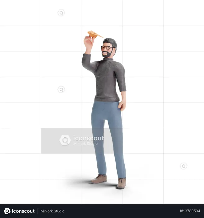 Hipster man with paper plane  3D Illustration