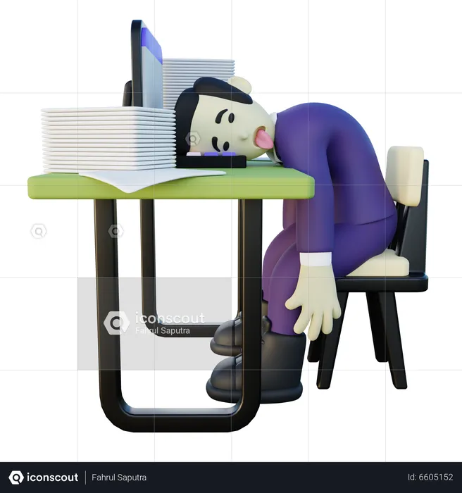 Hombre agotado que trabaja en la oficina  3D Illustration