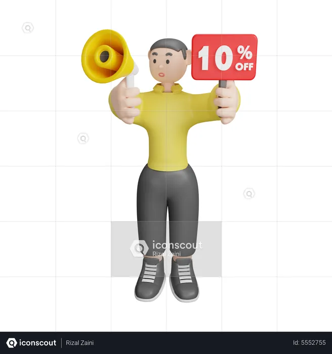 Hombre anunciando alrededor del 10 por ciento de descuento  3D Illustration