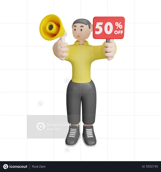 Hombre anunciando alrededor del 50 por ciento de descuento  3D Illustration