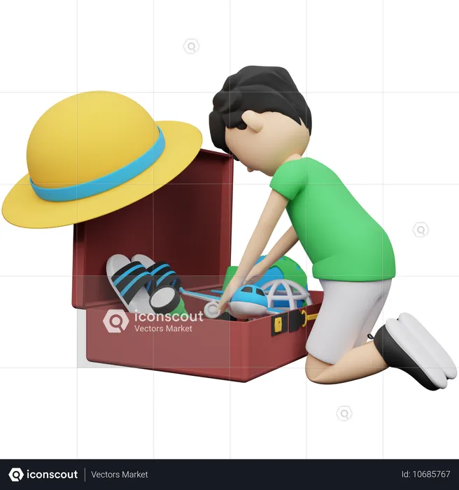 Hombre ordenando ropa en bolsa de equipaje  3D Illustration