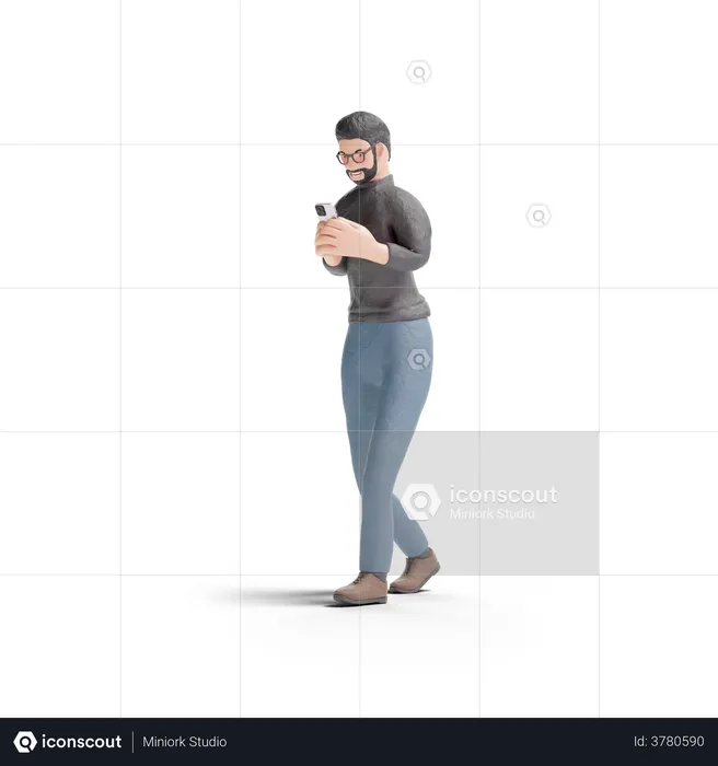 Hombre de barba usando el teléfono mientras camina  3D Illustration