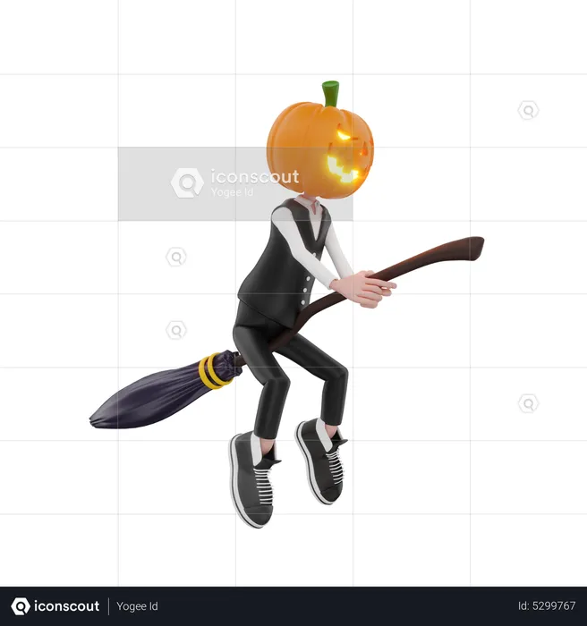 Hombre calabaza con escoba  3D Illustration