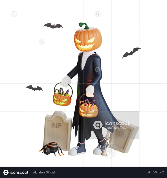 Hombre calabaza sosteniendo calabazas en la mano  3D Illustration