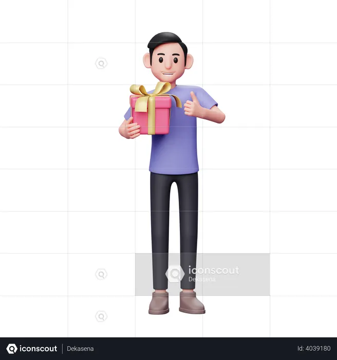 Hombre casual abrazando regalo de San Valentín y dando el visto bueno  3D Icon