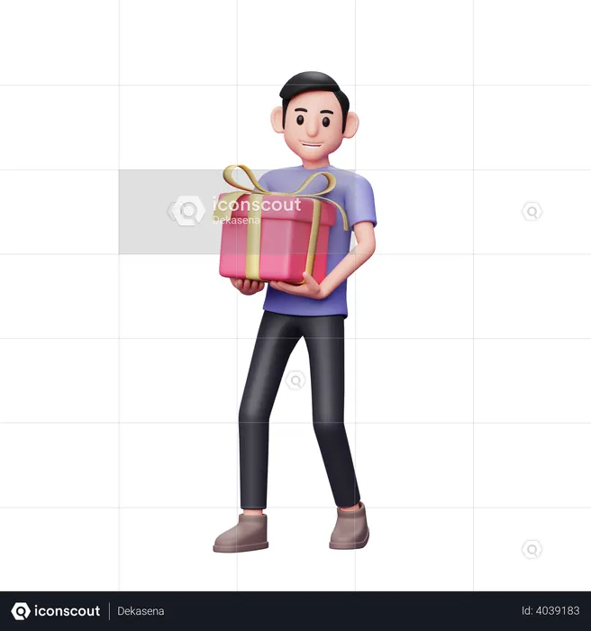 Hombre casual llevando un gran regalo de San Valentín con ambas manos.  3D Illustration