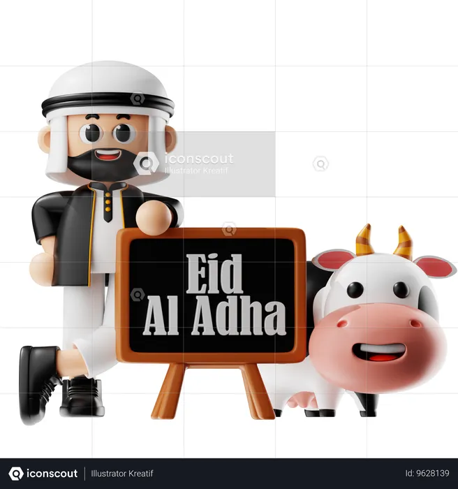 Hombre celebra Eid con vaca  3D Illustration