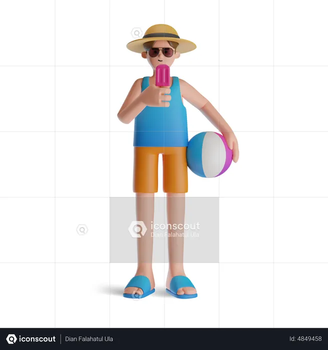 El hombre come helado en la playa  3D Illustration