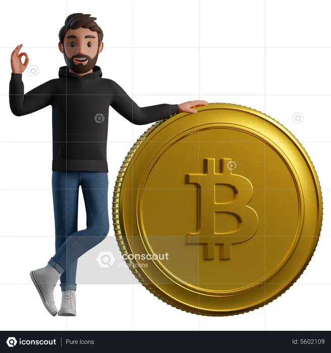 Hombre con bitcoin mostrando un gesto de aprobación  3D Illustration