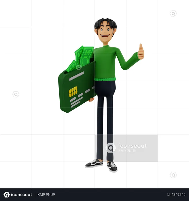 Hombre con tarjeta mostrando los pulgares hacia arriba  3D Illustration